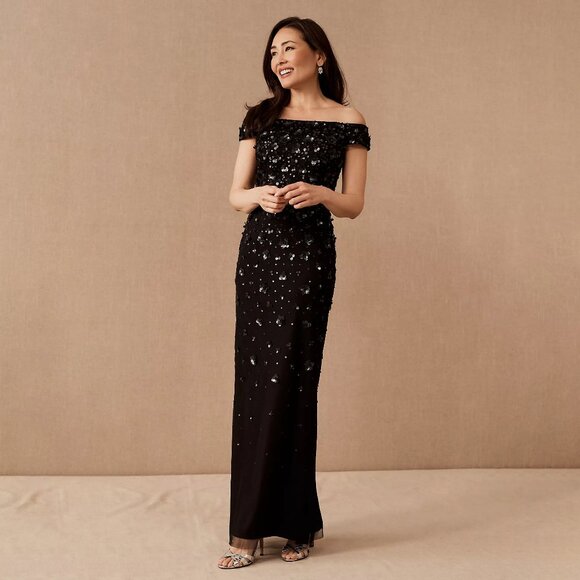 Adrianna Papell Dresses & Skirts - Adrianna Papell x BHLDN Rosie Dress Fully Beaded Off Shoulder Gown Black NEW NWT